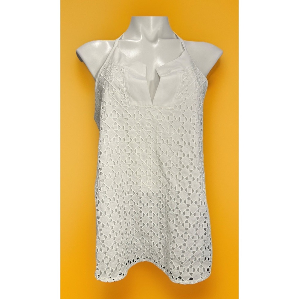 Athleta White Eyelet Dunes Halter Tank Large Back Keyhole Neck Tassel Tie